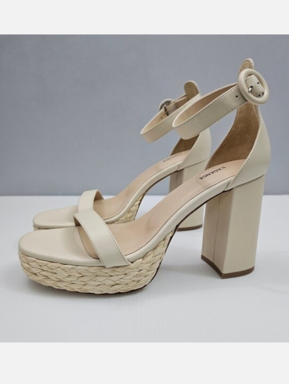 L'Agence Avia Platform Block Heel Sandals Womens 9.5 Ecru Raffia Ankle Strap NEW